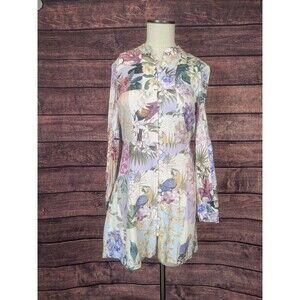 ZARA Linen Blend Button Up Mini Dress Long Sleeve Floral Parrot Tropical Size S